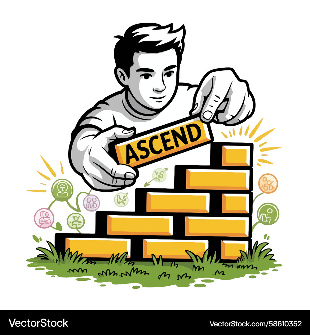 Man building a staircase with the word ascend Vector Image