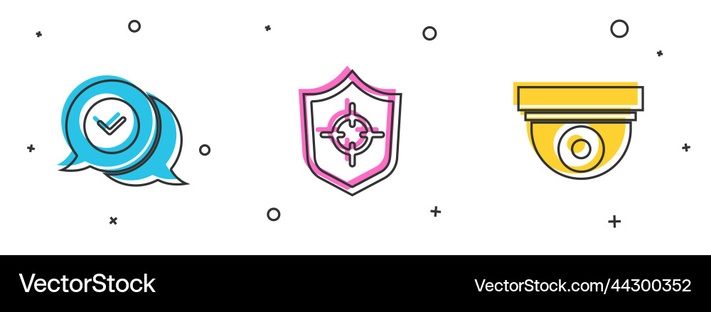 Set check mark in speech bubble shield Set check mark in speech bubble shield Vector Image