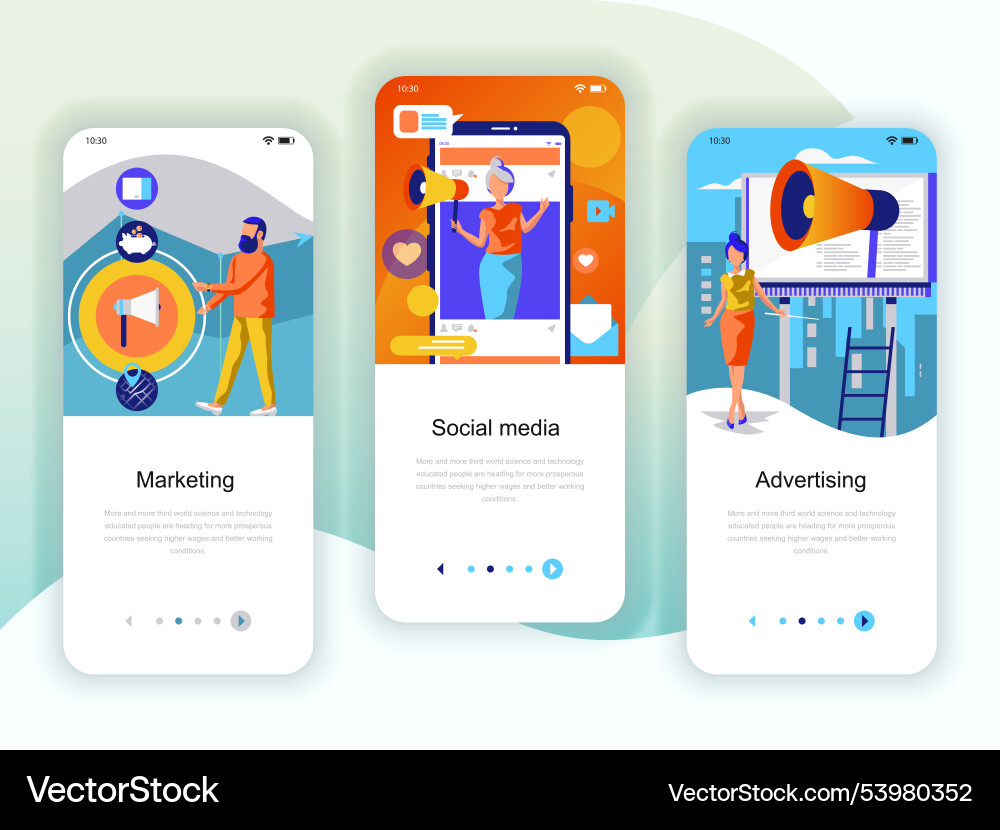 Set of onboarding screens user interface kit Set of onboarding screens user interface kit Vector Image