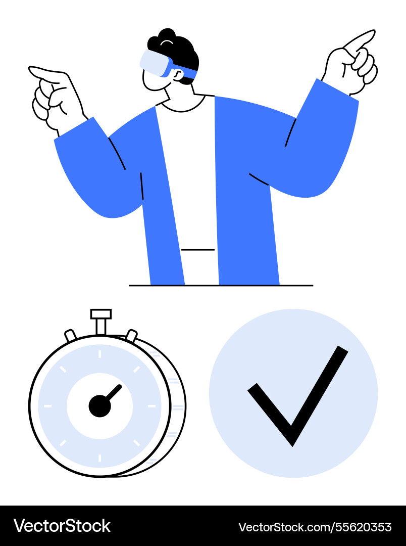 Man in vr headset gesturing with stopwatch Vector Image