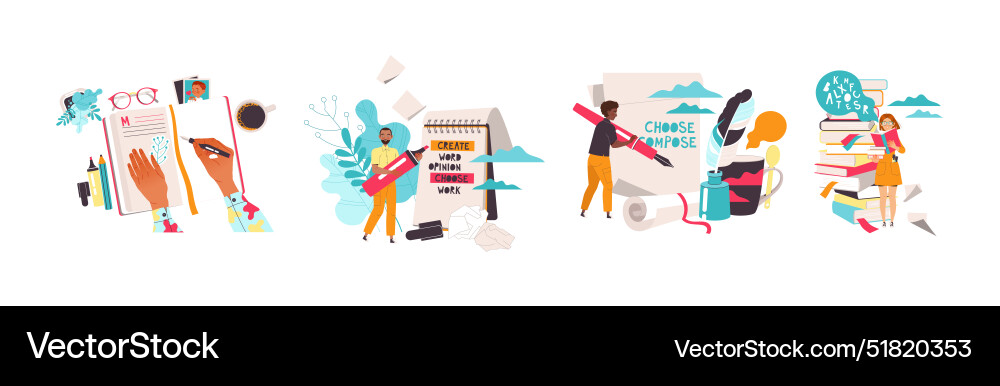 People characters working with text typewriting People characters working with text typewriting vector image