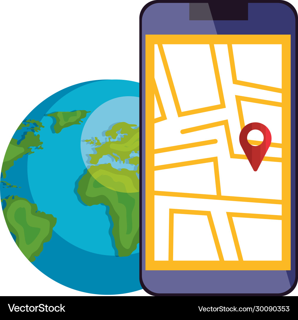Smartphone with map location app and world planet Vector Image