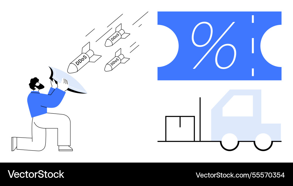 Man with shield defending against ddos attacks Man with shield defending against ddos attacks vector image