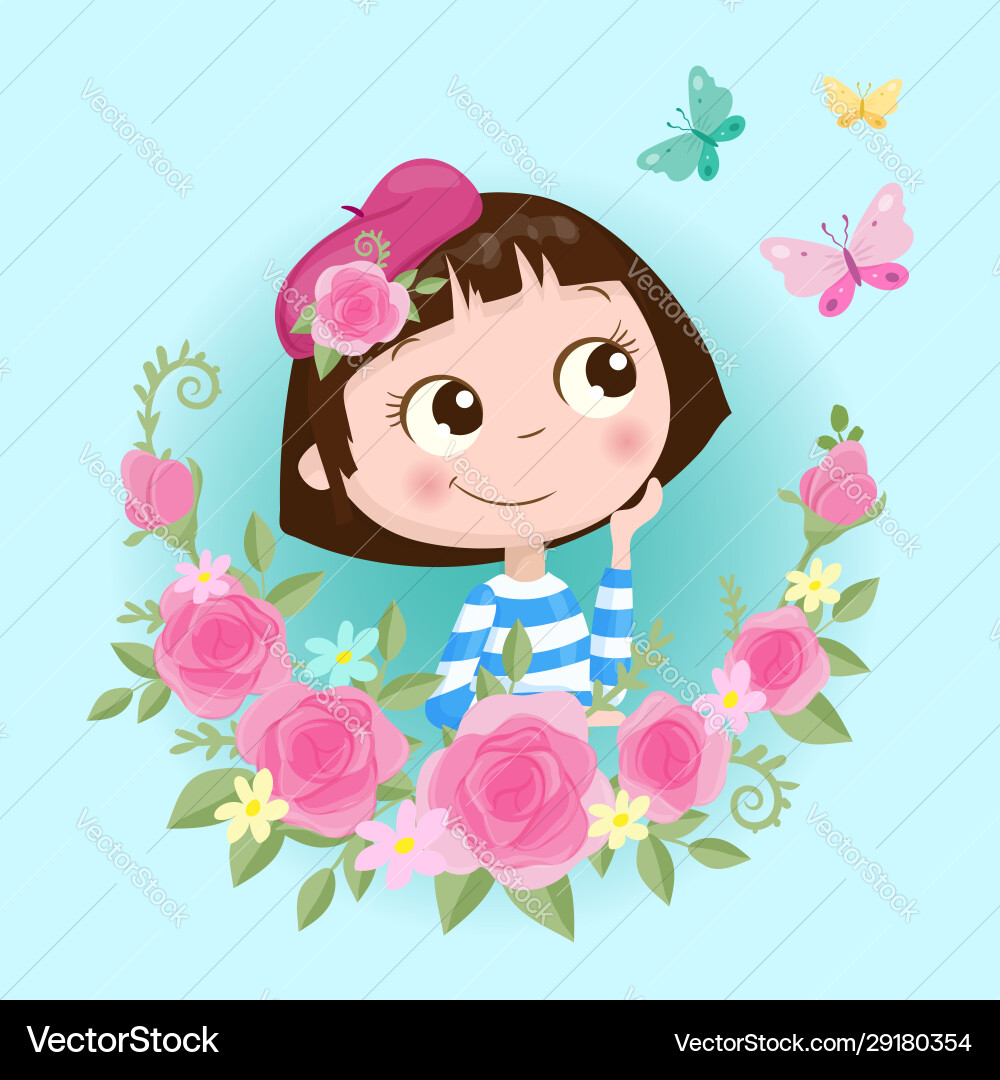 Süße Cartoon Mädchen in einem Kranz Rosen Blumen Süße Cartoon Mädchen in einem Kranz Rosen Blumen vektorbild