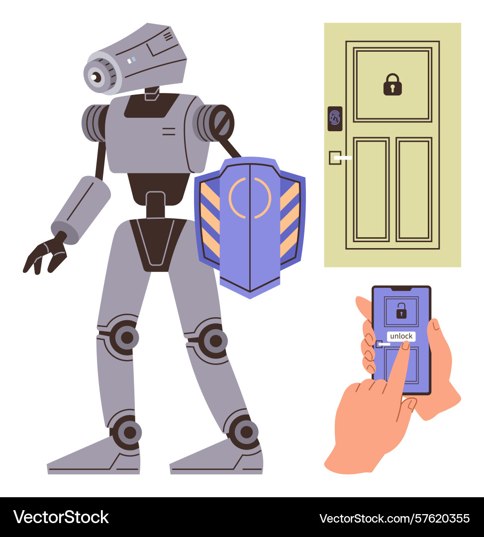 Robot with shield guarding smart lock technology vector image