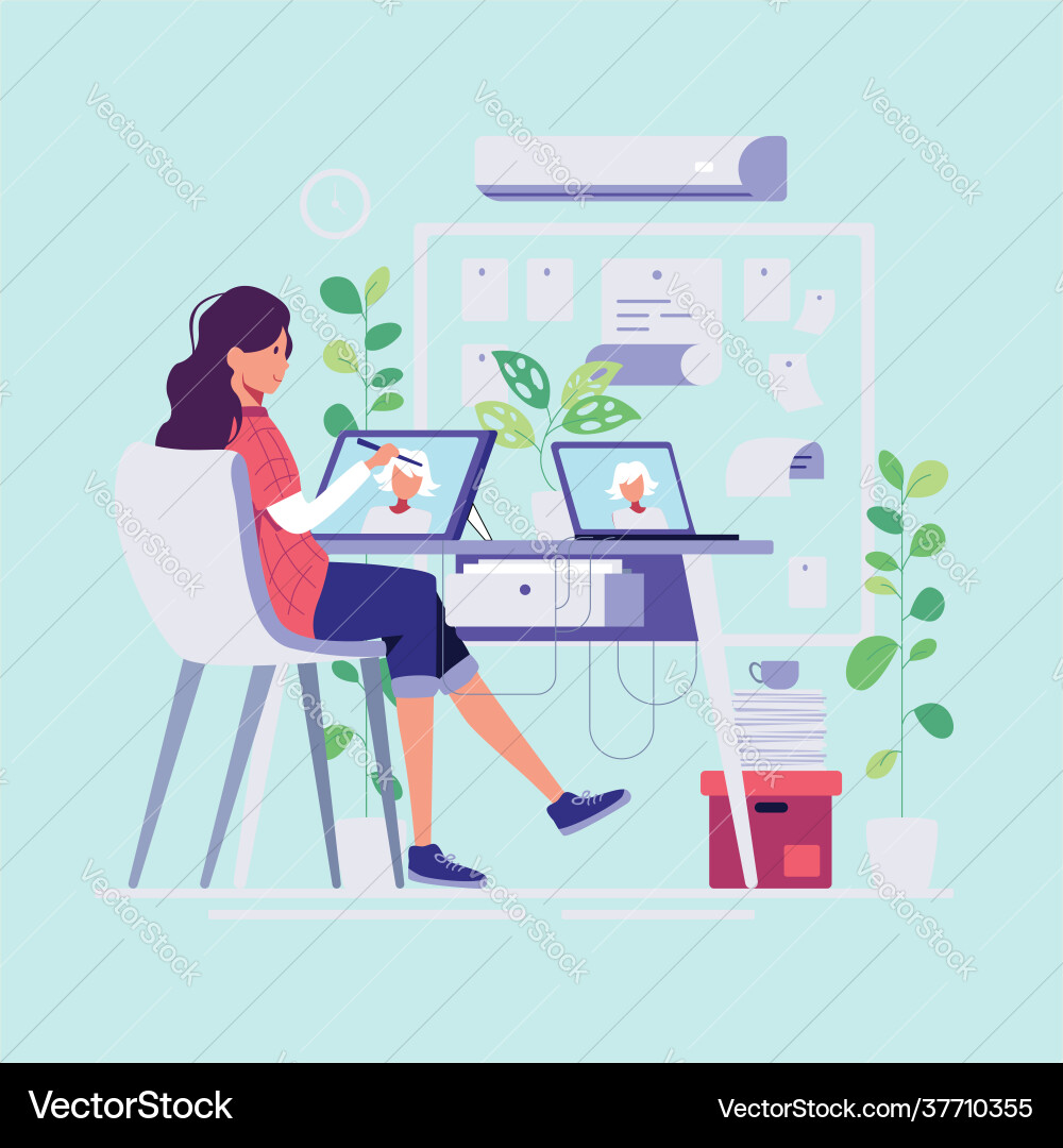 Young worker use computer and internet Vector Image