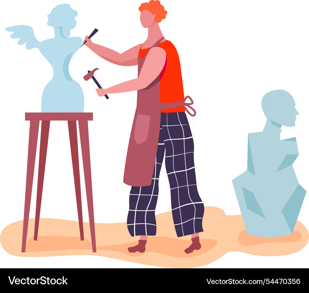 Sculptor wearing apron using hammer and chisel Vector Image