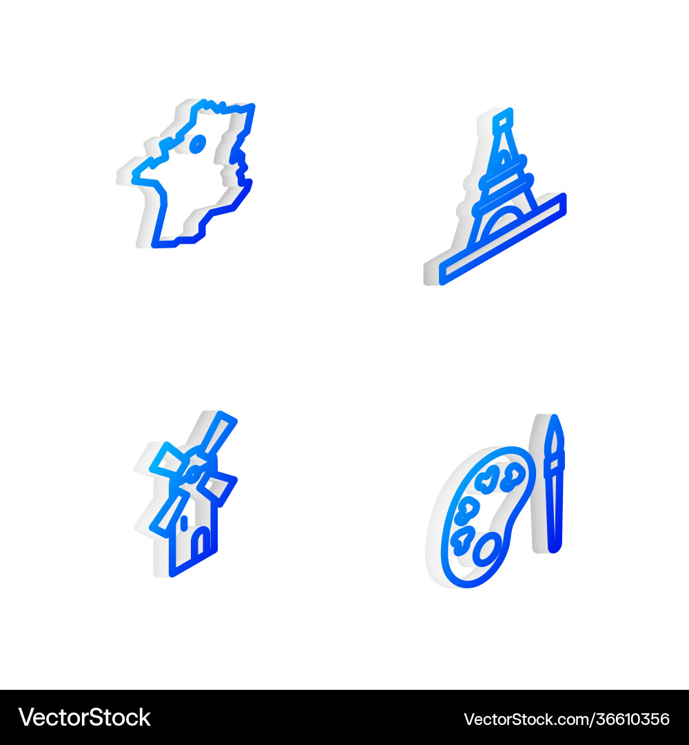 Set isometric line eiffel tower map france Vector Image