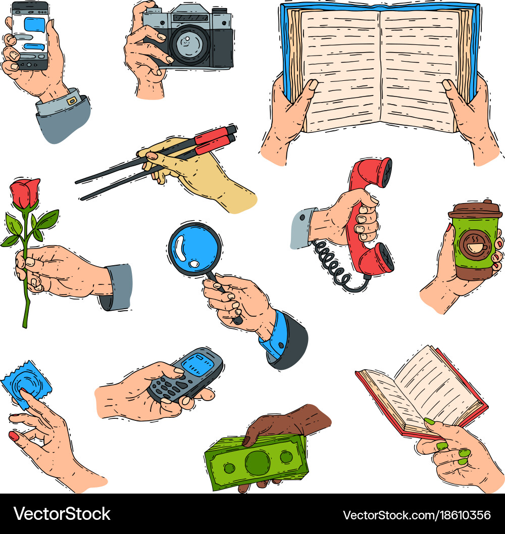 Sketch hands holdings objects and showing items vector image