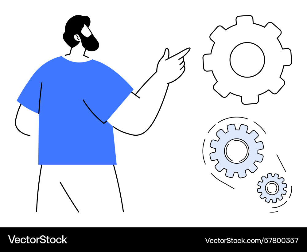 Man pointing at gears representing problem-solving Man pointing at gears representing problem-solving vector image