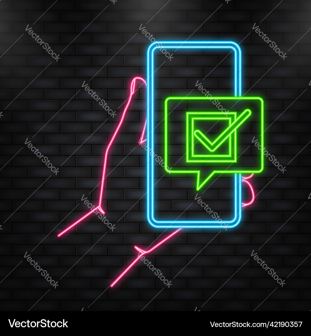 Neon Icon Hand hält Telefon mit Prüfzeichen Neon Icon Hand hält Telefon mit Prüfzeichen vektorbild