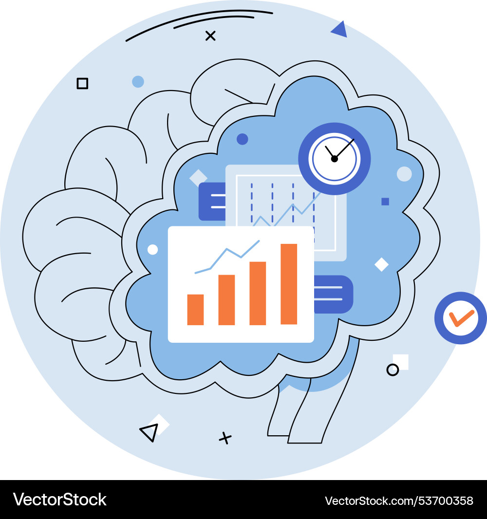 Brain with data charts and clock representing vector image