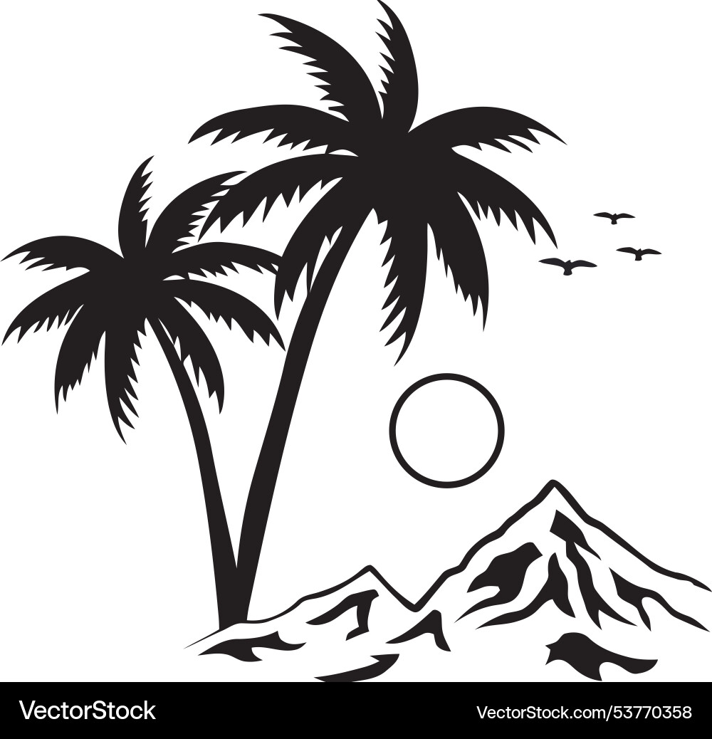 Island Silhouette with Palms & Mountains Vector Image