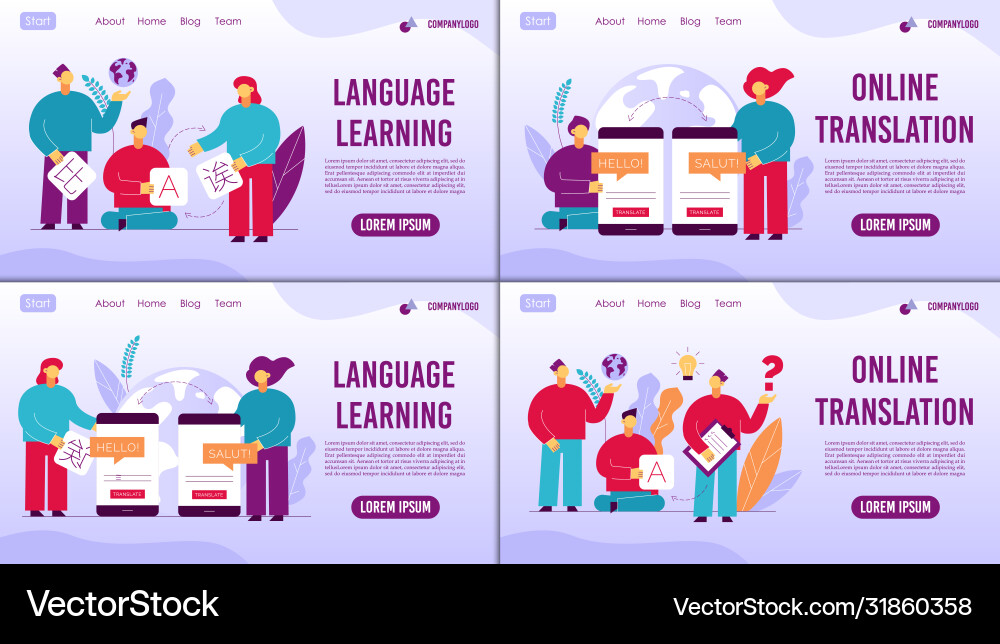 Learning language online translator webpage set Learning language online translator webpage set Vector Image