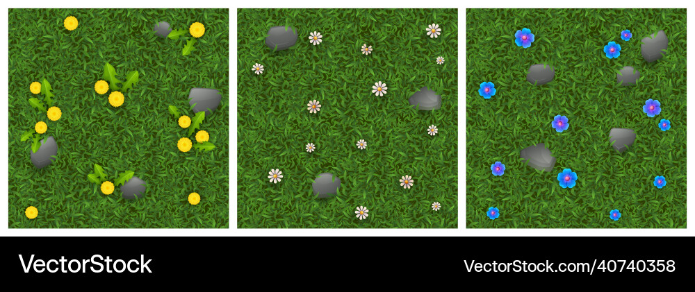 Textures of green grass with flowers and stones Textures of green grass with flowers and stones vector image