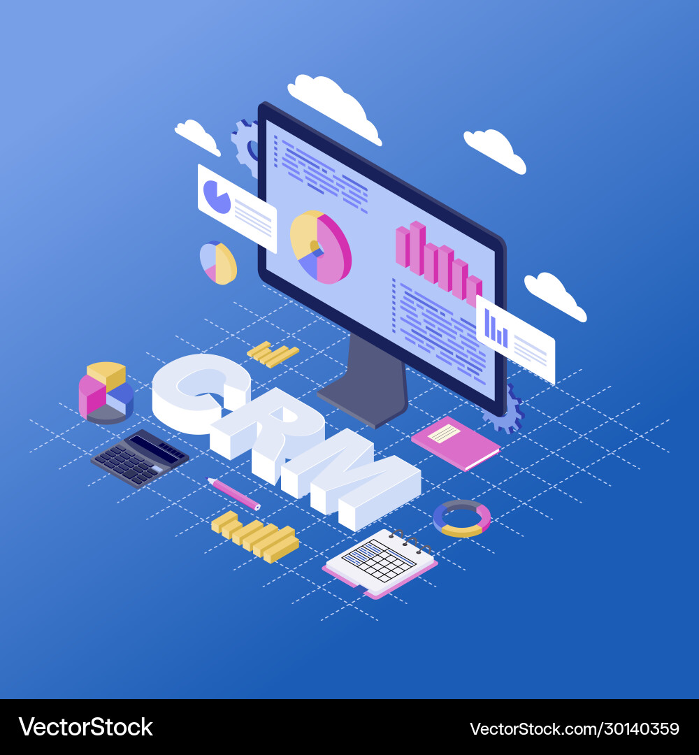 Crm software isometric client data analytics Crm software isometric client data analytics vector image