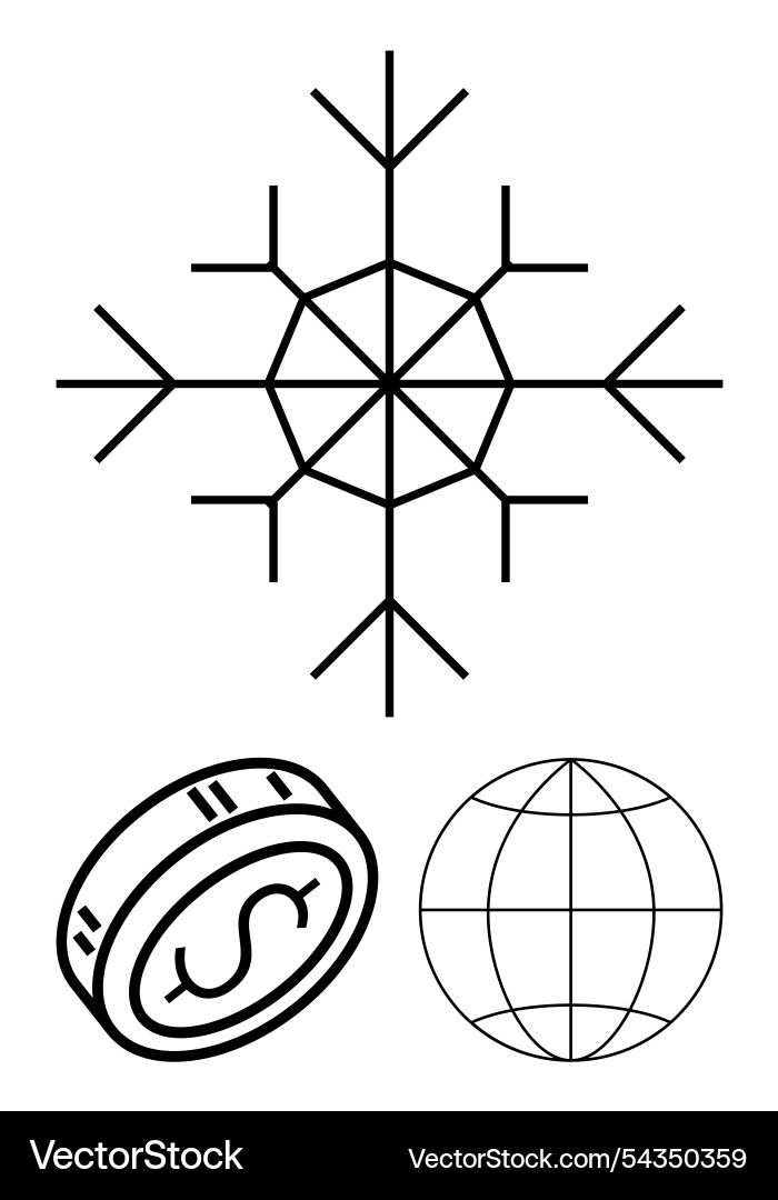 Geometric snowflake globe and coin icon set Geometric snowflake globe and coin icon set vector image