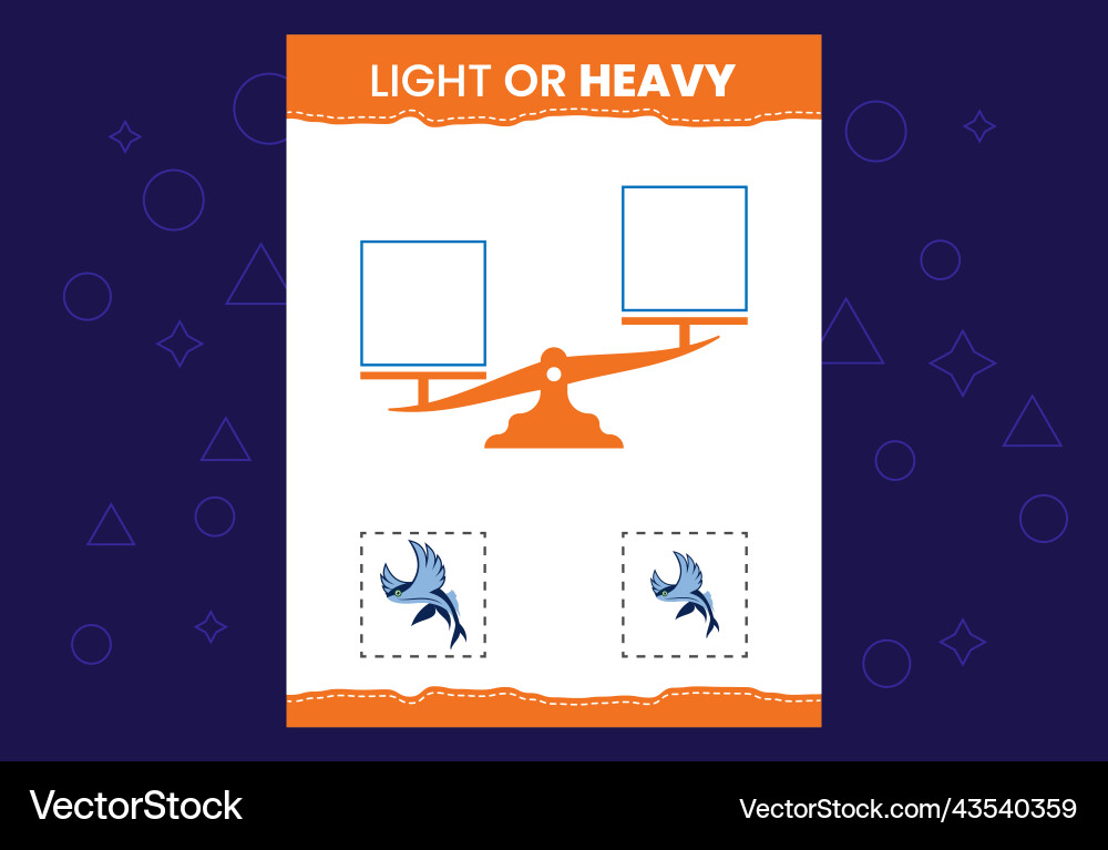 Light or heavy educational worksheet with scales Vector Image