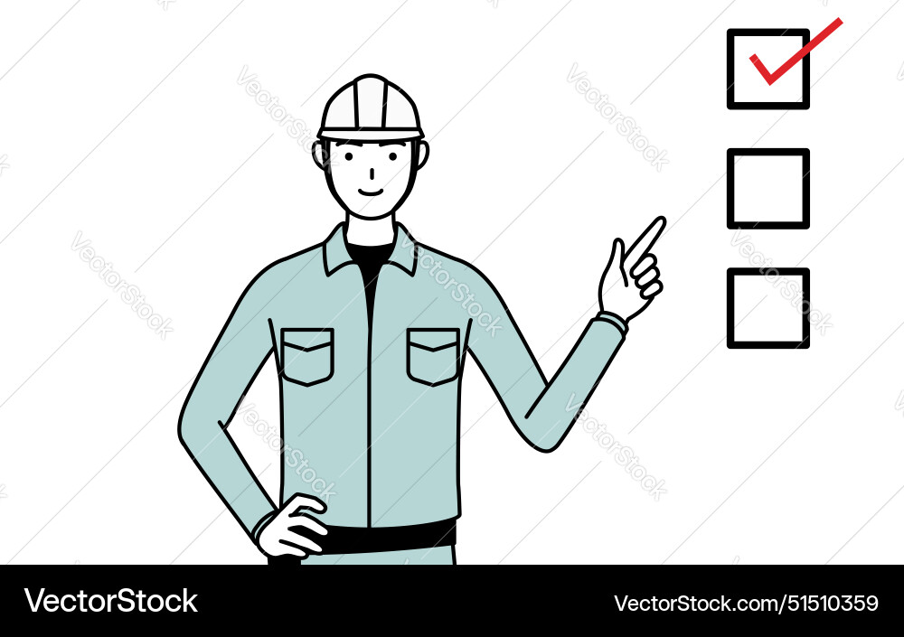 Man in helmet and workwear pointing to a checklist Man in helmet and workwear pointing to a checklist Vector Image