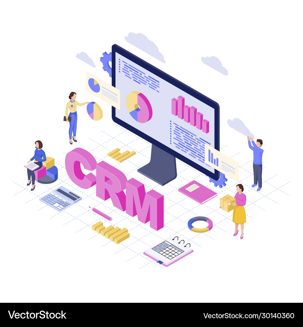 Crm software platform isometric client data Crm software platform isometric client data vector image