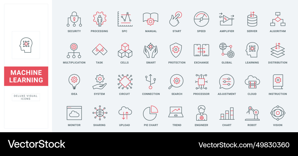 Machine learning thin black and red line icons set Machine learning thin black and red line icons set vector image