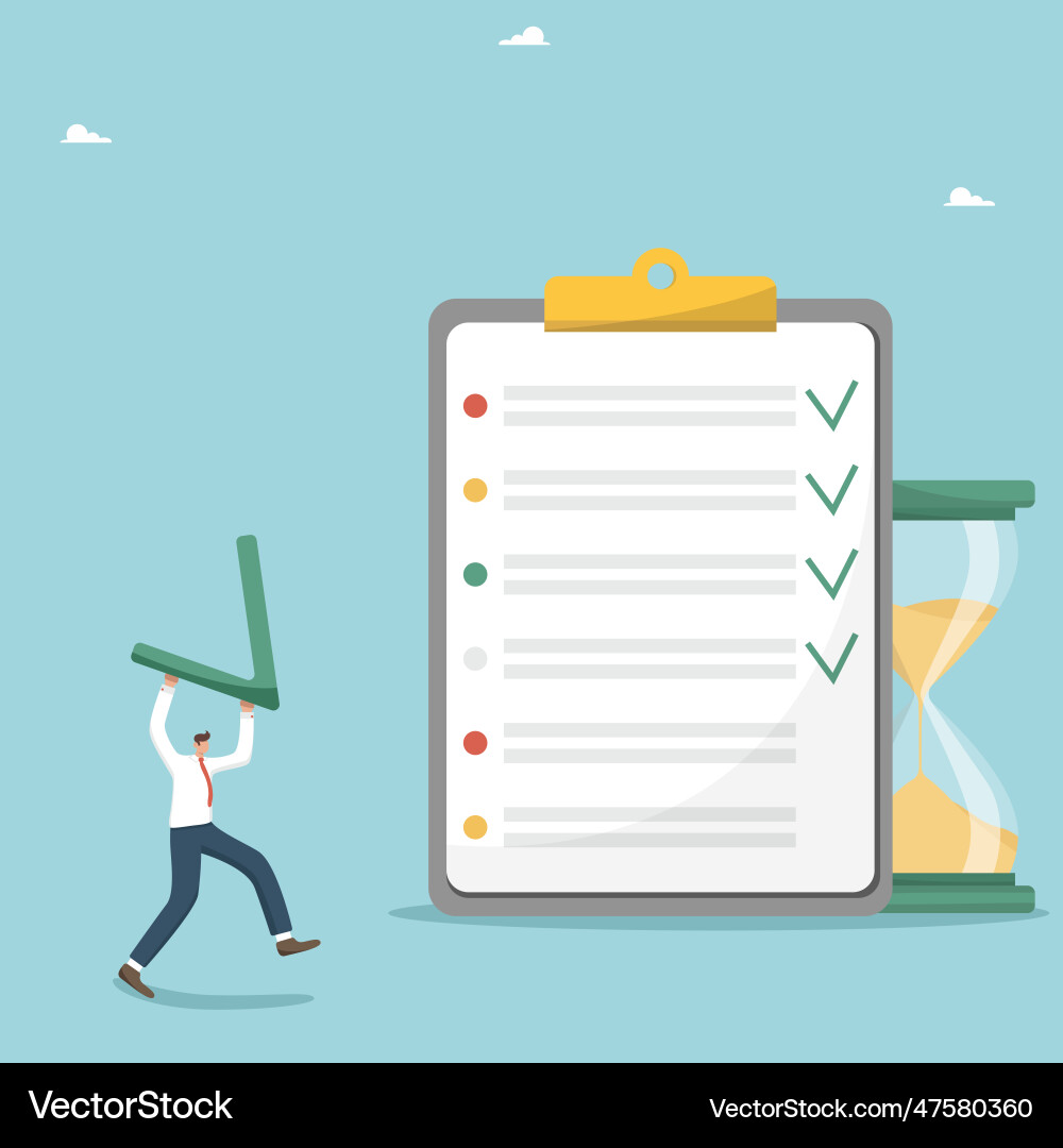 Man carries check mark to tablet with tasks Man carries check mark to tablet with tasks vector image