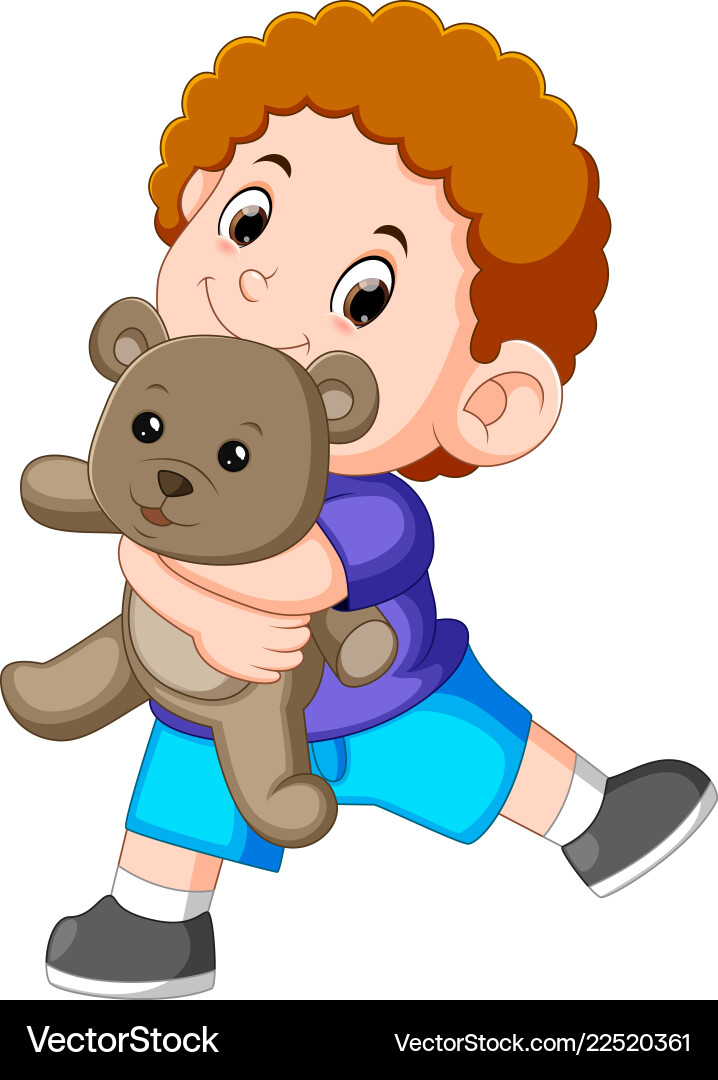 A boy happy play with the grey teddy bear vector image