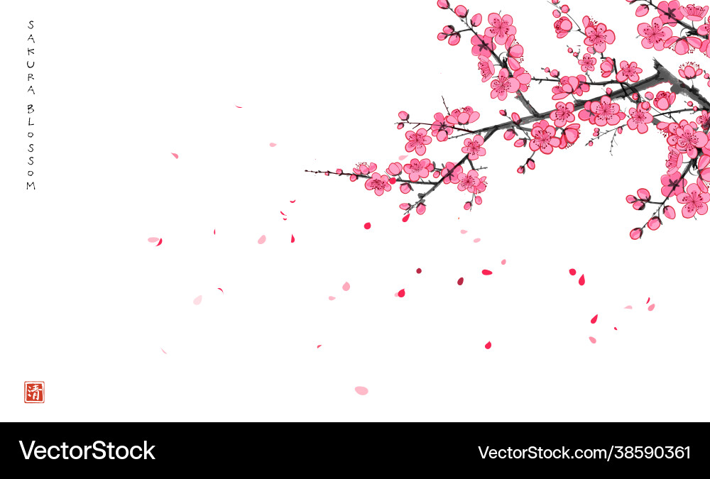 Sakura Branch with Falling Petals Vector Image