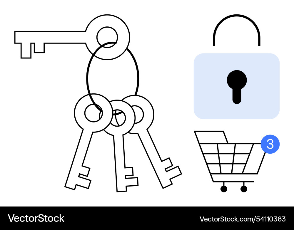 Keys on a keyring with padlock and shopping cart Keys on a keyring with padlock and shopping cart vector image