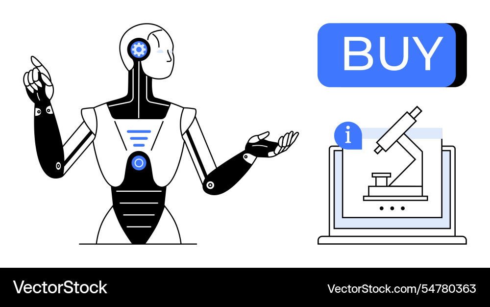 Robot pointing at buy button with laptop Robot pointing at buy button with laptop vector image