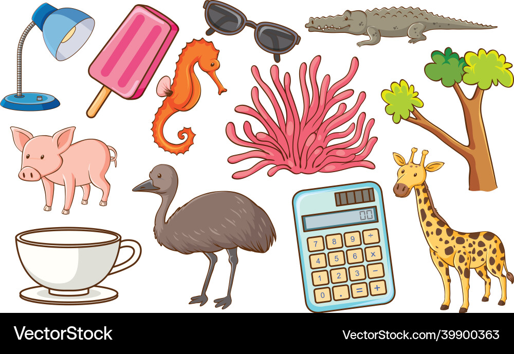 Set of various animals and objects Set of various animals and objects vector image