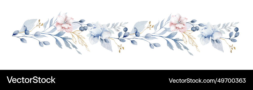 Watercolor floral border dusty blue pink vector image