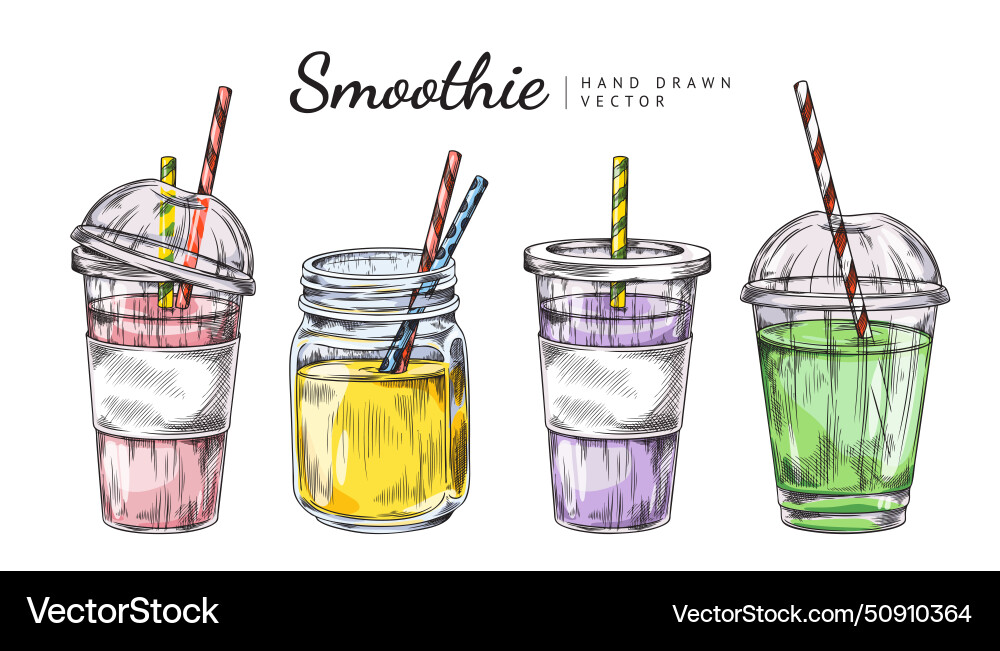Smoothies cups with straws engraved hand drawn Vector Image