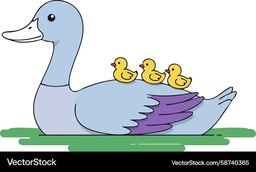 Blue duck with three yellow ducklings floating Blue duck with three yellow ducklings floating Vector Image