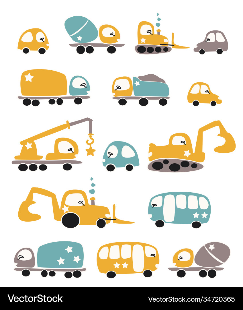 Cartoon Cars & Construction Vehicles Vector Image