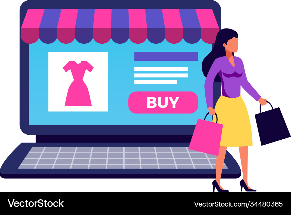 Computer shopping interaction composition Computer shopping interaction composition vector image