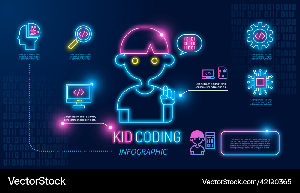 Kid coding infographic icon neon boy programming Kid coding infographic icon neon boy programming vector image
