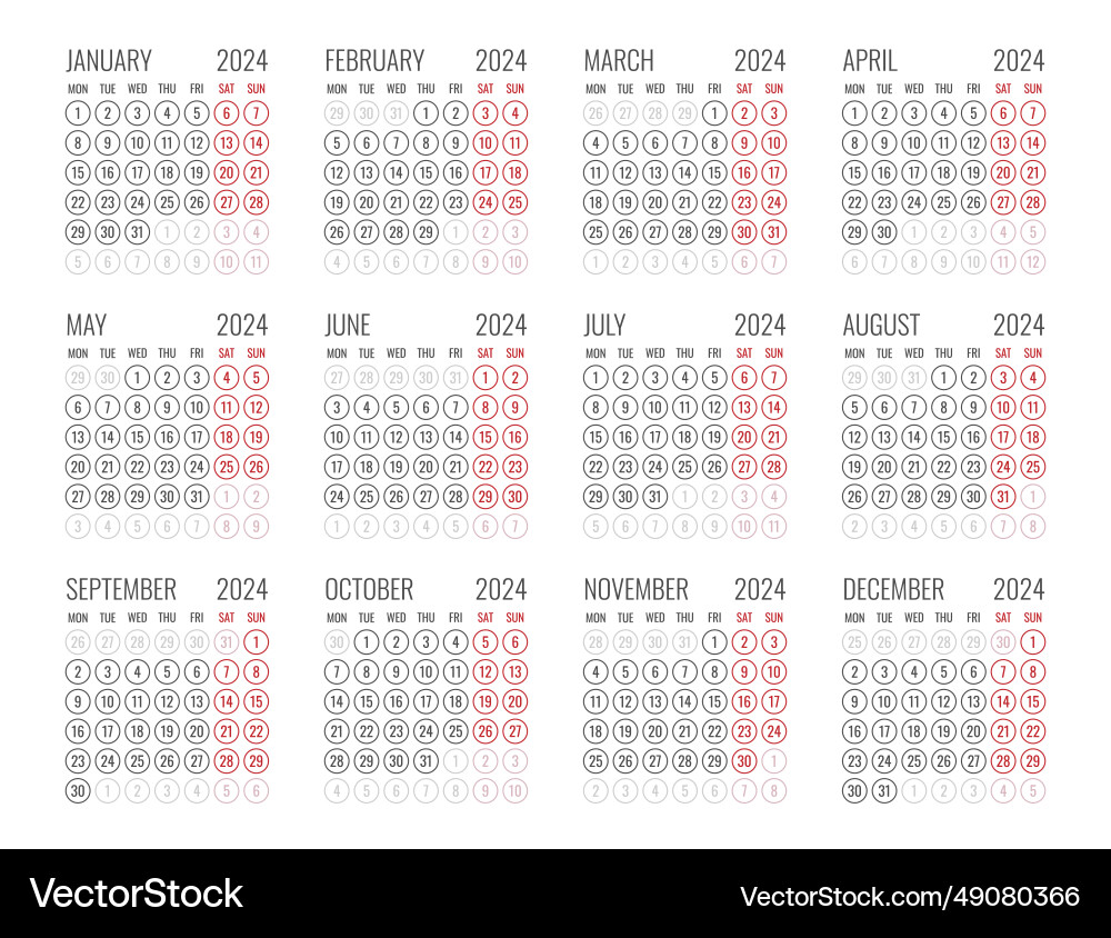 Calendar for 2024 starts monday Calendar for 2024 starts monday vector image