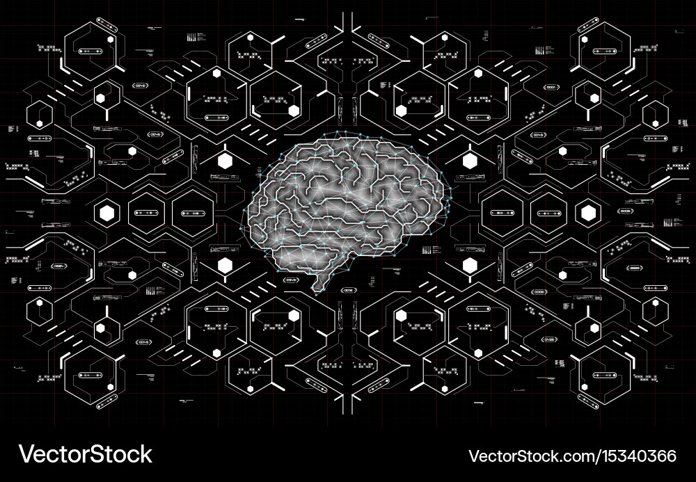 Conceptual polygonal brain with hud elements Vector Image