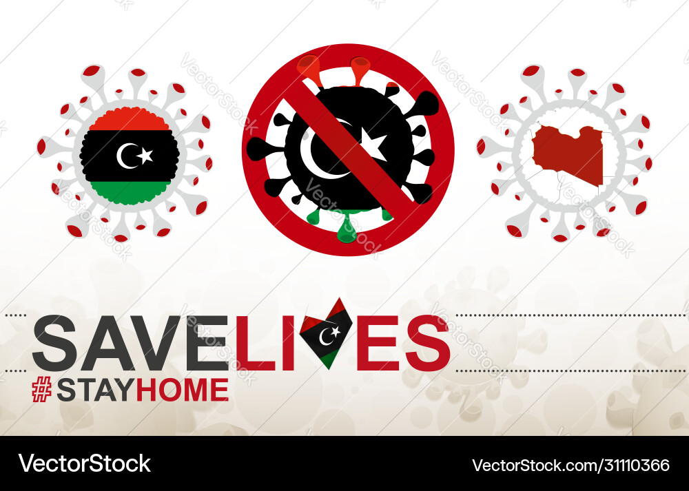 Coronavirus cell with libya flag and map stop vector image