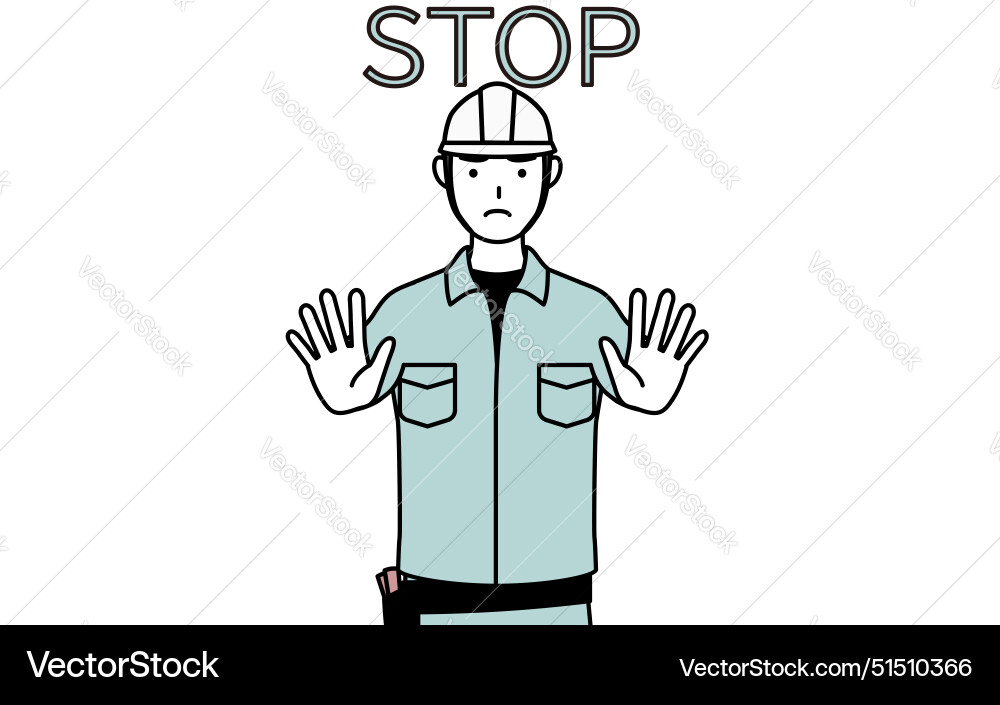 Man in helmet and workwear with his hands out Man in helmet and workwear with his hands out Vector Image