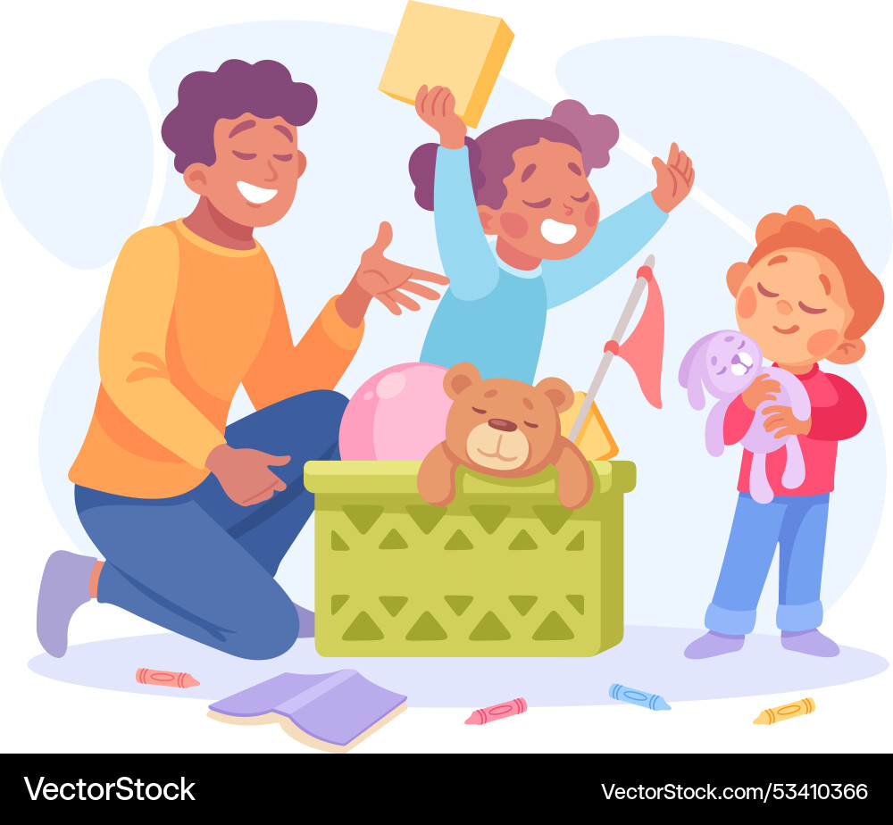 Man parent with son and daughter playing toys Man parent with son and daughter playing toys vector image