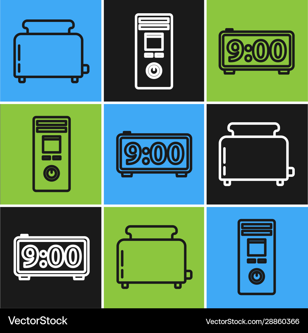 Set line toaster with toasts digital alarm clock Set line toaster with toasts digital alarm clock vector image