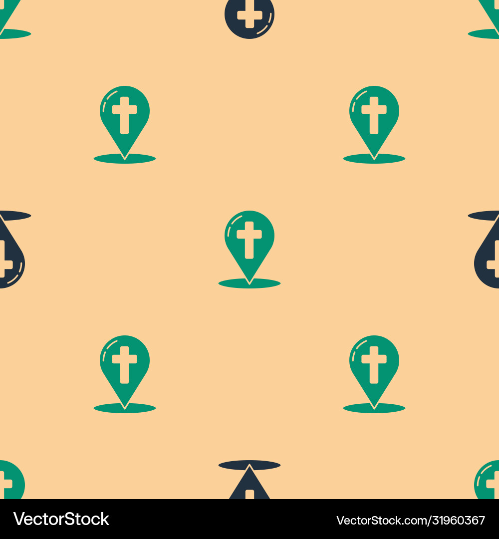 Green and black map pointer with christian cross Green and black map pointer with christian cross vector image