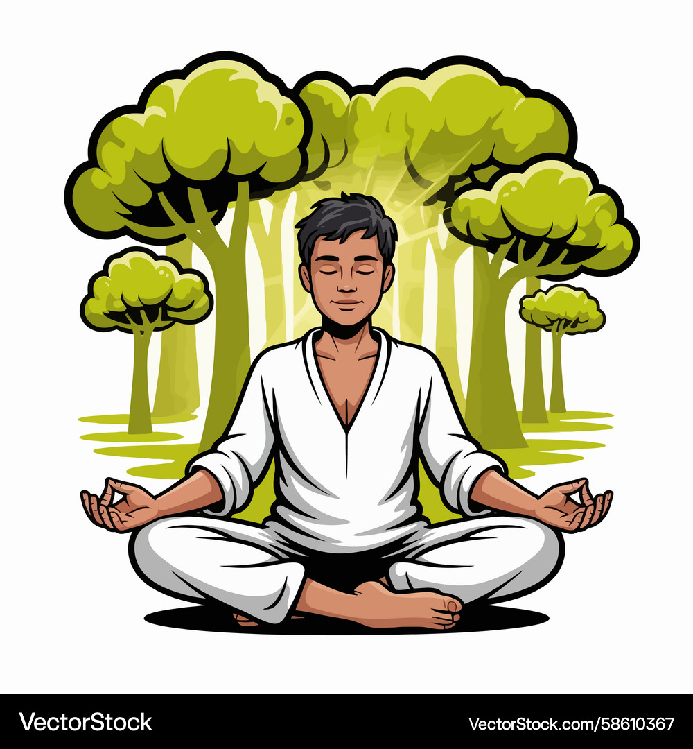 Man meditating in a serene forest setting Man meditating in a serene forest setting Vector Image
