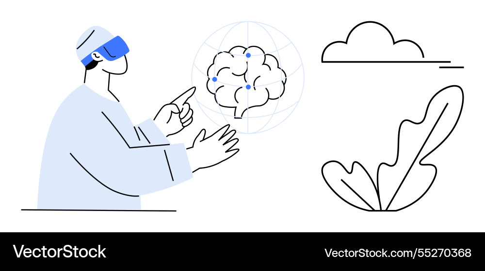 Man in vr headset interacting with virtual brain Man in vr headset interacting with virtual brain vector image