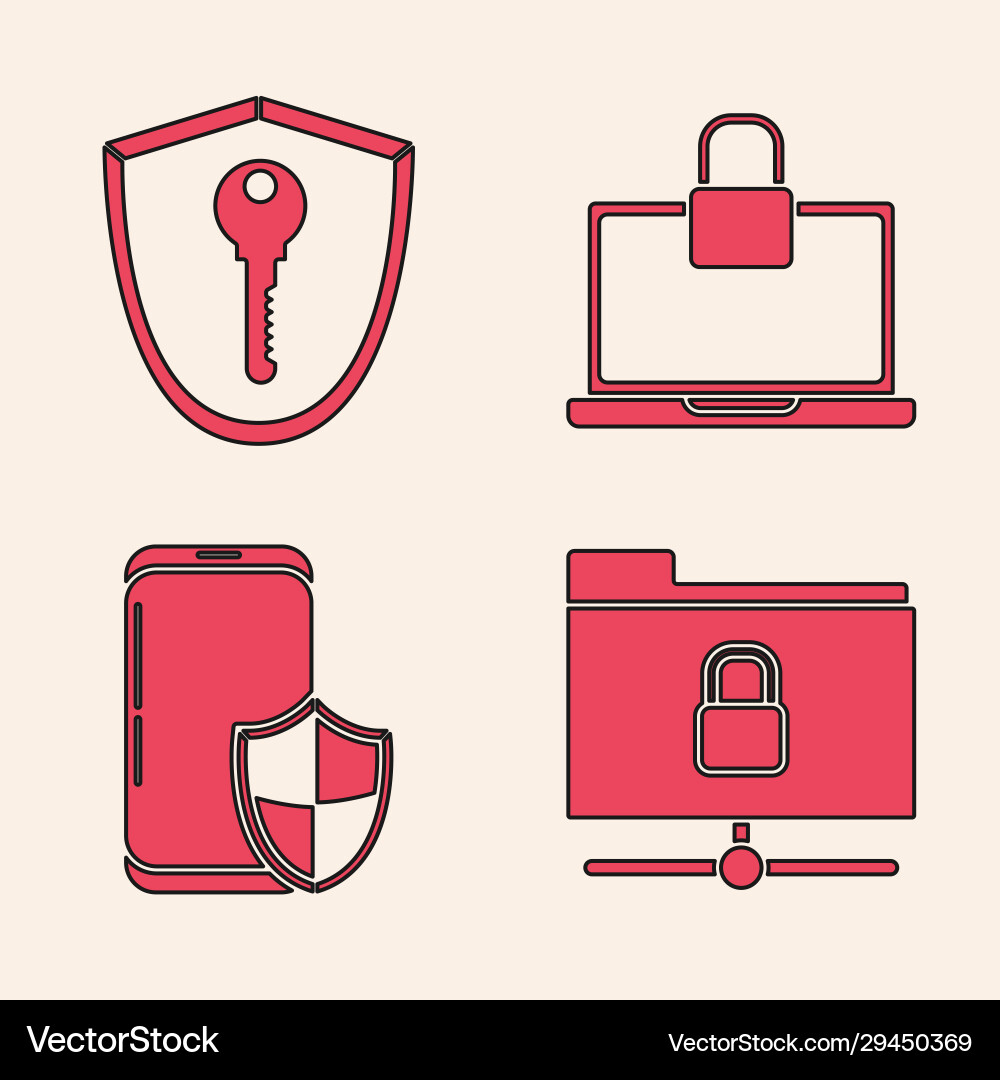 Set ftp folder and lock shield with key laptop Set ftp folder and lock shield with key laptop vector image
