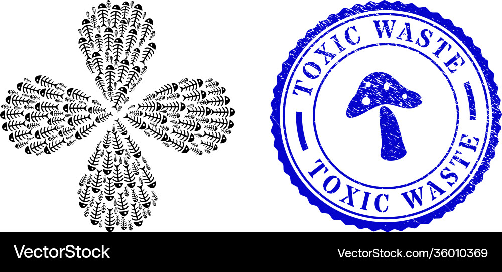 Toxic waste distress seal and dead fish swirl Vector Image