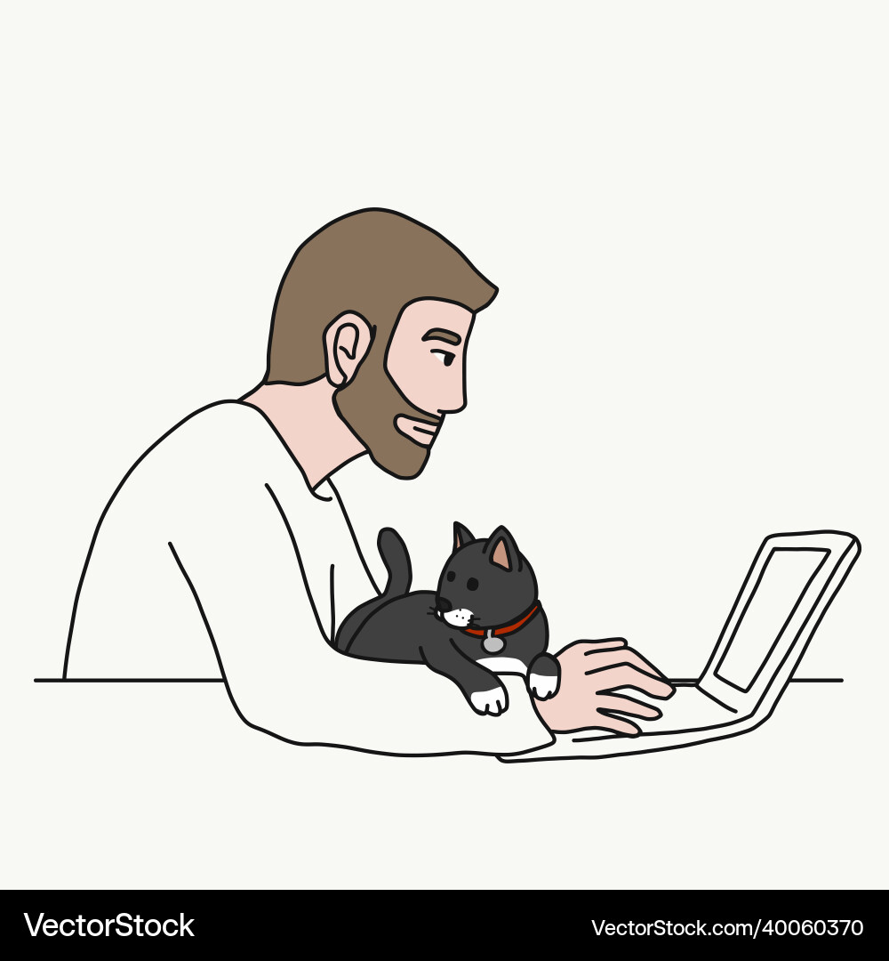 Man work from home using laptop with cat Man work from home using laptop with cat Vector Image