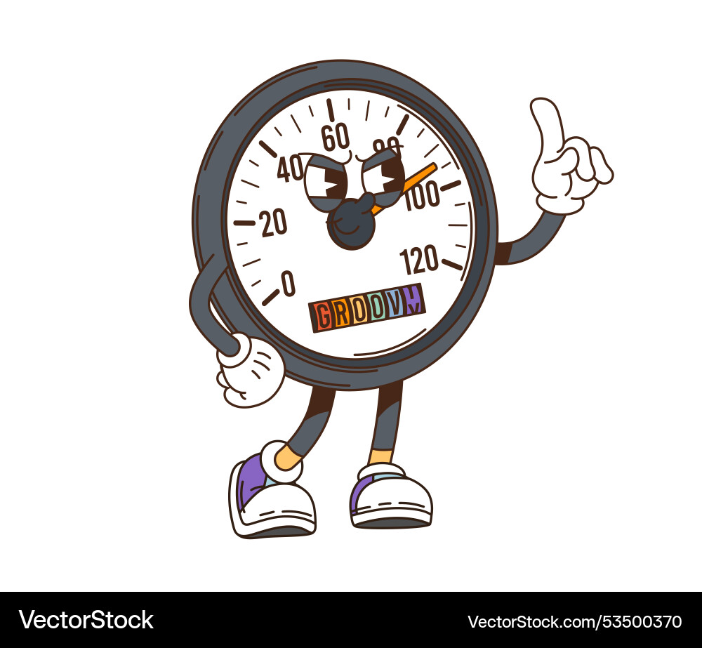 Retro groovy car speedometer character pointing Retro groovy car speedometer character pointing Vector Image